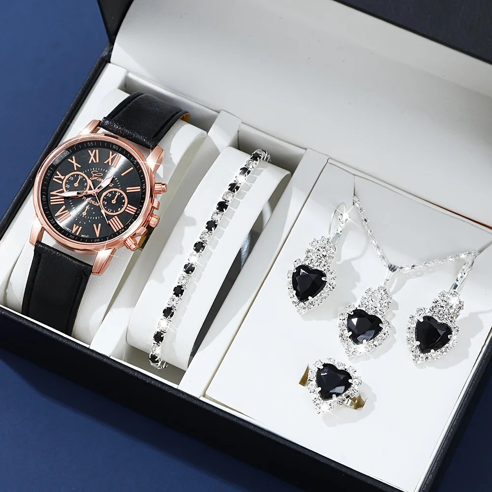 Fashion quartz watch and jewelry set, shock resistant circular analog digital display, PU leather strap, zinc alloy case Good Vibrations