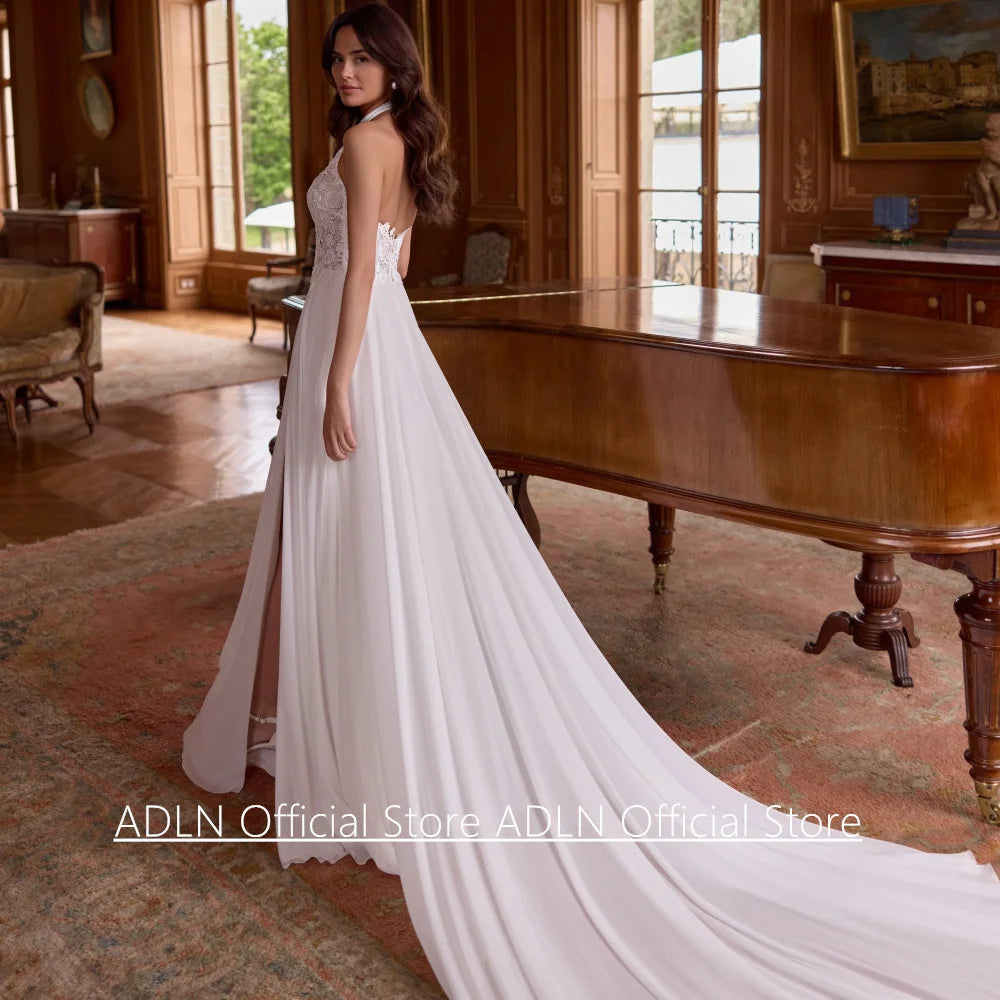 Halter Wedding Dress Customized Sleeveless Bohemian Lace High Split Open Back Court Train Beach Bridal Gown for Woman Good Vibrations