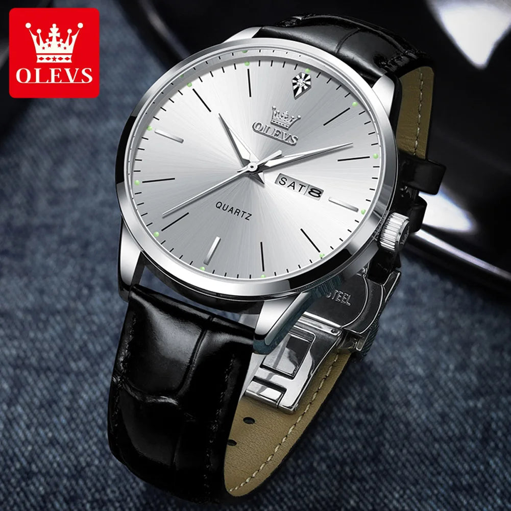 OLEVS 2935 Fashion Business Brand Men Watches Leather Strap Trend Week Calendar Quartz Watch Luminous Waterproof 43mm Dial Good Vibrations