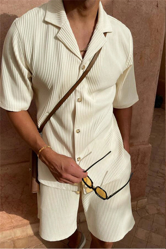 Spring/Summer suit Solid color corduroy shorts sleeve shirt and shorts stretch beach casual suit Good Vibrations