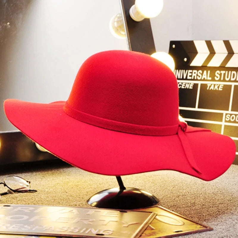 British Style Felt Hats for Women, Big BrimTop Hat, Flat Brim, White Cap for Lady, Autumn and Winter Good Vibrations