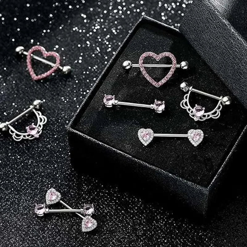 Pink Heart Nipple Piercing Barbell Set Shiny Crystal Nipple Rings Bulk For Women Flower Nippel Jewelry Pack Piercing Teton Lots Good Vibrations Adult Super Store