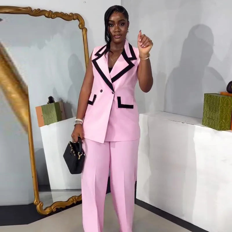 Pants Set Women Two Piece Sets Matching Sets Work Elegant Double Breasted Tops Vest Wide Leg Long Pants High Waist Y2k Pink Good Vibrations