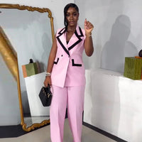 Pants Set Women Two Piece Sets Matching Sets Work Elegant Double Breasted Tops Vest Wide Leg Long Pants High Waist Y2k Pink Good Vibrations
