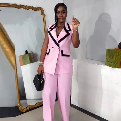 Pants Set Women Two Piece Sets Matching Sets Work Elegant Double Breasted Tops Vest Wide Leg Long Pants High Waist Y2k Pink Good Vibrations