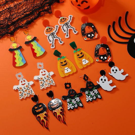 8 pairs of Halloween flame demons, cute little ghosts, acrylic earrings, skull heads, alien spaceships, pumpkin ghosts Good Vibrations