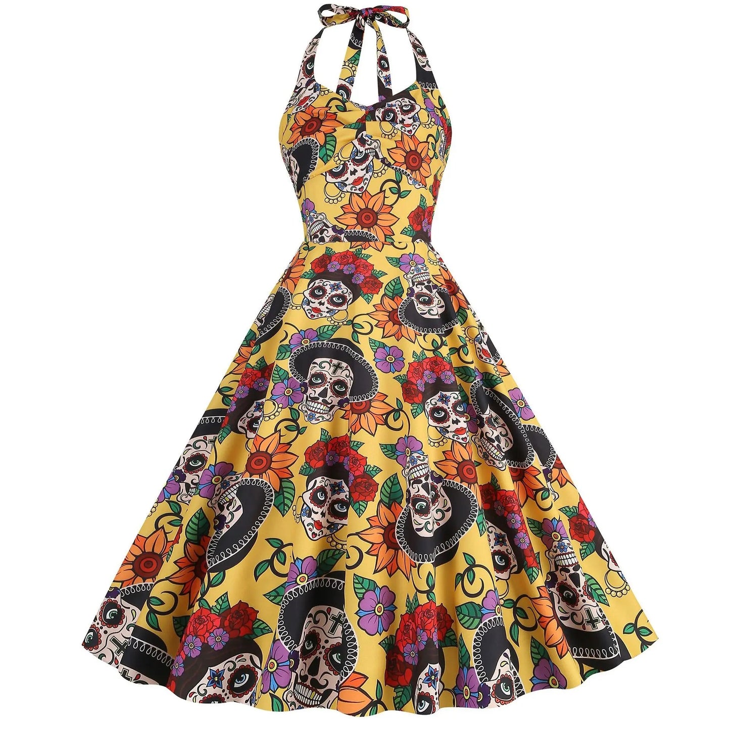Halloween Costumes for Women Skull Print Halter Dress Sleeveless Tunic Vintage Party Dresses Goth Clothes Masquerade Vestidos Good Vibrations