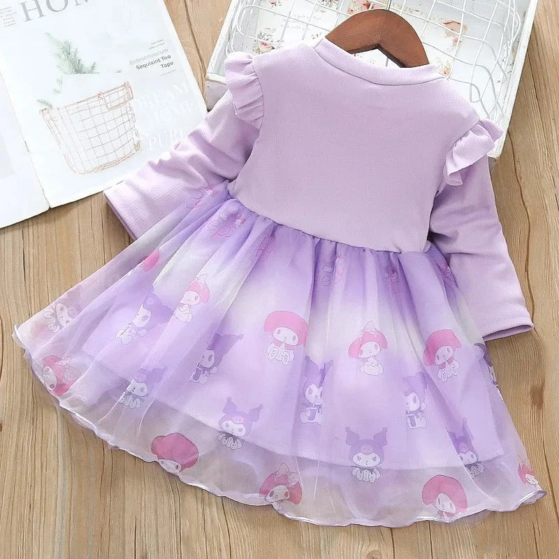 Fashion Girls Dress Spring Autumn Mesh Cartoon Kuromi Long Sleeve Princess Dresses for 2-6 Years Kids Birthday Party Costume Good Vibrations
