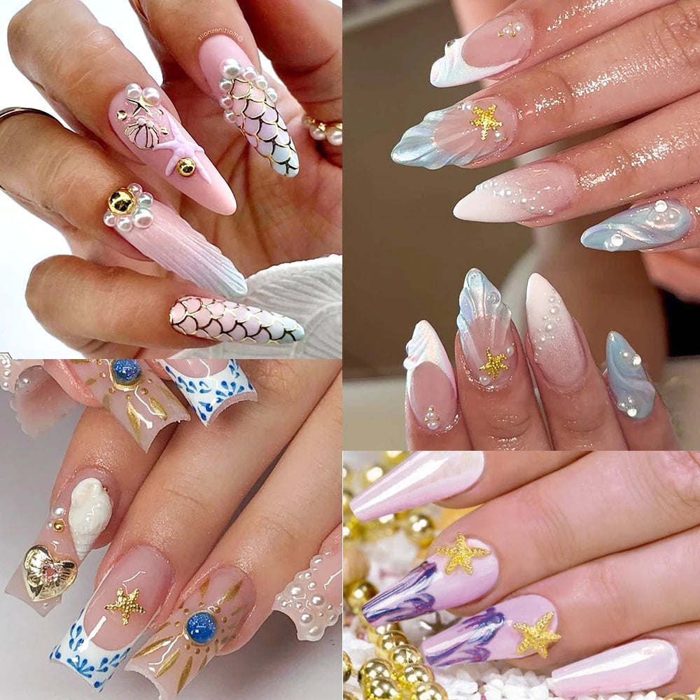 12Grid 3D Gold Ocean Rivet Nail Charms Mixed Seahorsea/Starfish /Conch Pearl/Mini Caviar Beads/Rhinestone Nail Jewery Decoration Good Vibrations