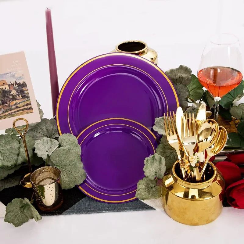 200PCS Halloween Purple Gold Plastic Plates with Gold Plastic Silverware,Purple Plastic Dinnerware Good Vibrations