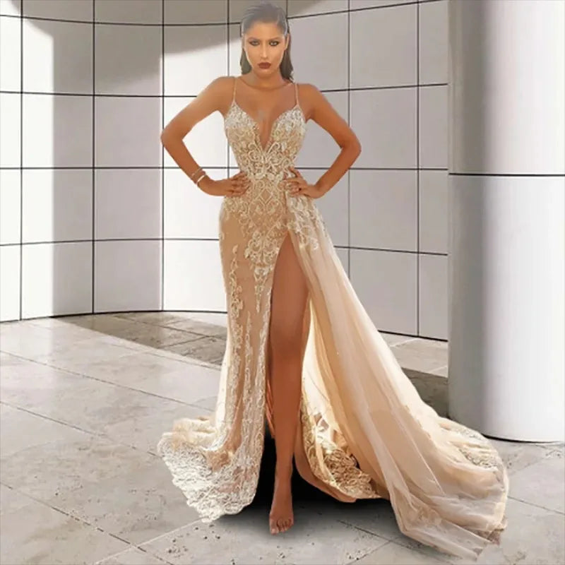 Wedding Party Dress Female Evening Elegant Sexy Deep V Neck Strap Sleeveless Sequined Long Maxi Dresses for Women 2024 Good Vibrations