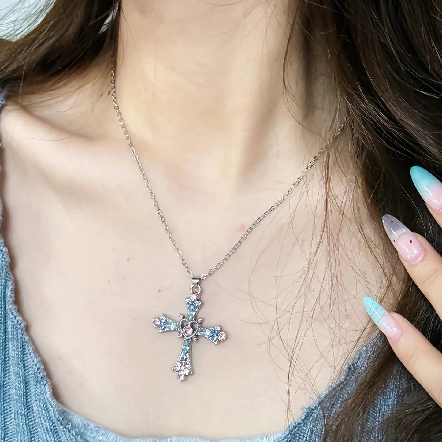 Crystal Cross Pendant Necklace for Women Girls Shiny Sweet Chain Punk Party Fashion Pendant Fashion Y2K Jewelry Accessories Good Vibrations