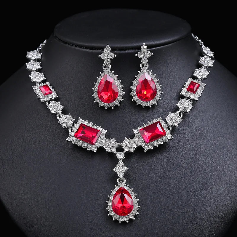 Bridal Jewelry Set Wholesale Silver Plated Red Green Blue Crystal Rhinestone Drop Earrings and Luxury Wedding Necklace for Women Good Vibrations