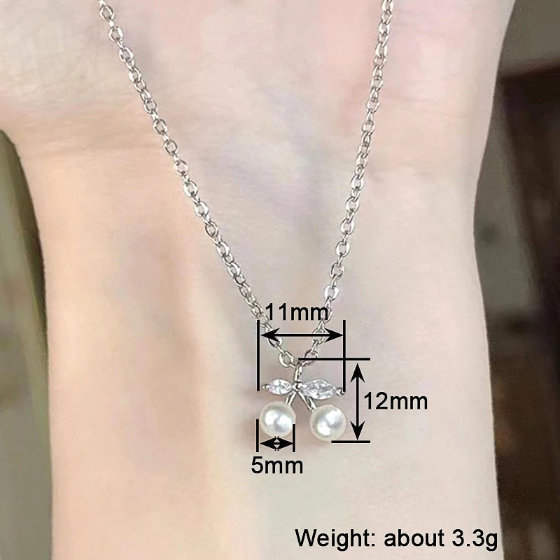 Huitan Chic Small Cherry Pendant Necklace for Women Simulated Pearl Accessories for Engagement Ceremony Zirconia Jewelry Gifts Good Vibrations
