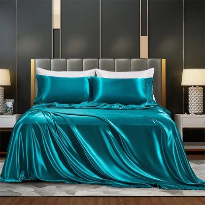 Summer Luxury Satin Silk-like Bed Sheet Set (Flat Sheet + Fitted Sheet + Pillowcase) Solid Color Mattress Cover Twin Full Queen Good Vibrations