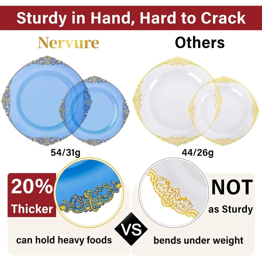 175PCS Blue Gold Plastic Plates Sets, Include 25Dinner Plates, 25Dessert Plates, 25Cups, 25Forks, 25Knives, 25Spoons, 25Napkins Good Vibrations
