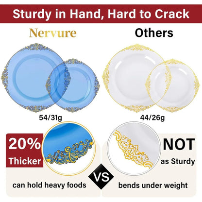 175PCS Blue Gold Plastic Plates Sets, Include 25Dinner Plates, 25Dessert Plates, 25Cups, 25Forks, 25Knives, 25Spoons, 25Napkins Good Vibrations
