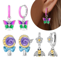925 Silver Spring Flowers Earrings Colorful Purple Dopamine Butterfly Bee Sweet Romantic Hoop Earrings for Women Party Fine Gift Good Vibrations