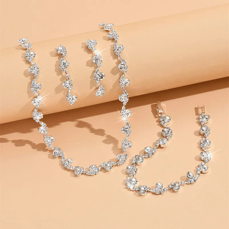 New Fashion Wedding Jewelry Sets Crystal Decoration Choker Necklace Earrings Bracelet Sets Shining Bridal Jewelry Set Good Vibrations