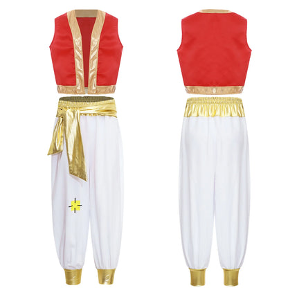 #6-16 Arab Prince Costume Persian Arabian Halloween Role Play Cap Sleeves Vest Waistcoat with Harem Pant Suit Carnival Outfits Good Vibrations
