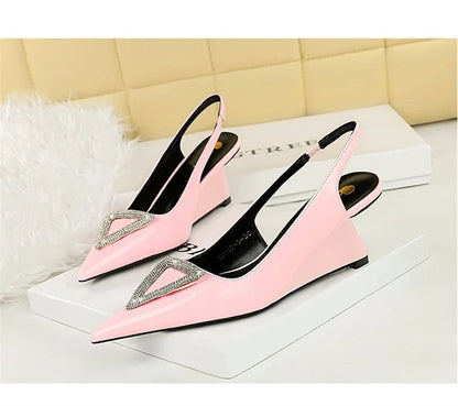 Wedges Women Shoes High Heel Shallow Pointed Toe Hollow Back Straps Patent Leather Triangle Metal Crystal Buckle Pumps Good Vibrations