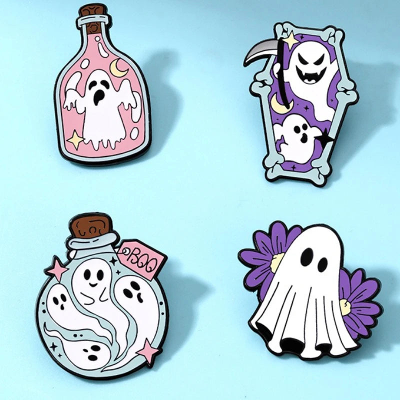 Halloween Badges Spooky Night Party Accessories White Ghost Alloy Brooch for Costume Decor Jacket Pin Halloween Party Gifts Enamel Pins Good Vibrations