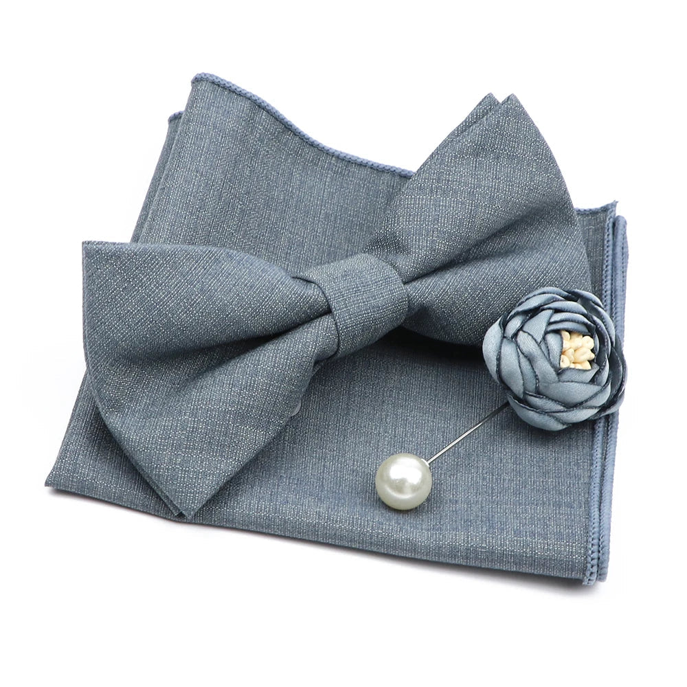 Mens Wedding Bowtie Brooch Set Romantic Solid Color Bamboo Fiber Bowknot Flower Lapel Pin Blue Pink Cravat Suit Shirt Accessory Good Vibrations