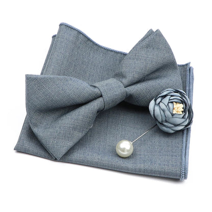 Mens Wedding Bowtie Brooch Set Romantic Solid Color Bamboo Fiber Bowknot Flower Lapel Pin Blue Pink Cravat Suit Shirt Accessory Good Vibrations