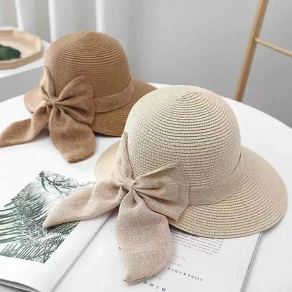 Summer Hats For Women Sun Hat Beach Cap Ladies Bowknot Panama Cap Lady Casual Bucket Hat For Women Straw Hat Good Vibrations