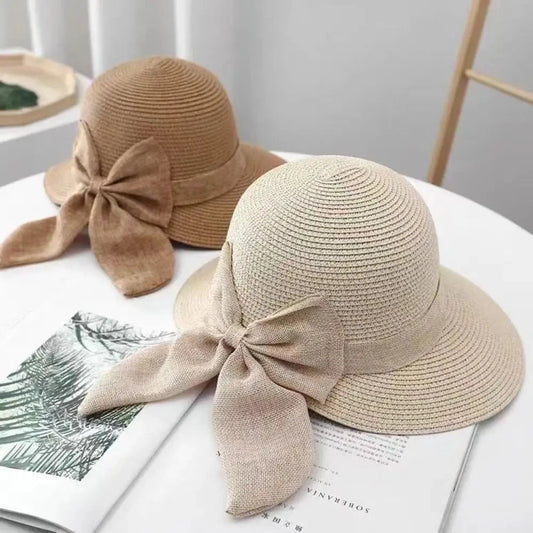 Summer Hats For Women Sun Hat Beach Cap Ladies Bowknot Panama Cap Lady Casual Bucket Hat For Women Straw Hat Good Vibrations