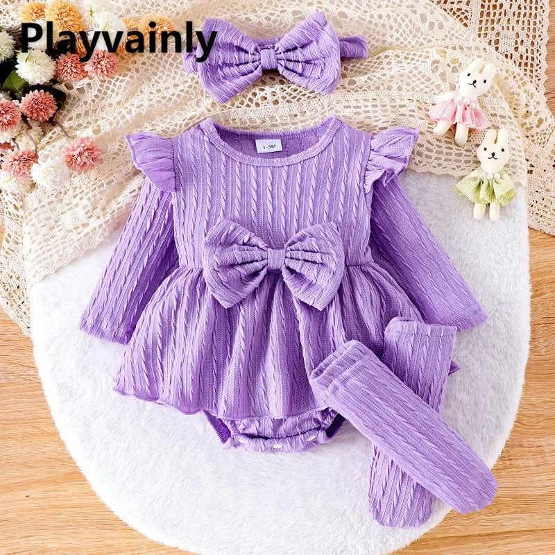 Autumn Winter Baby Girl Sets Purple Green Pink Red Ruffle Long Sleeve Bodysuit+Socks+Headwear Infant Birthday Party Wear D0141 Good Vibrations