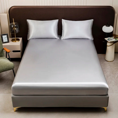 1Pc Satin Fitted Sheet Solid Colour Twin Full Queen Ice Silk Mattress Cover Natural With Elastic Band Bed Sheet (No Pillowcase) Good Vibrations