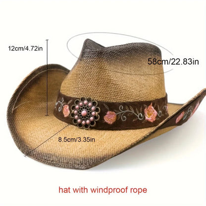 Large-brimmed Western Cowboy Hat, Outdoor Riding Hat, Beach Sun Hat, Ethnic Embroidered Flower Hat, Dance Party Hat Beach Hat Good Vibrations