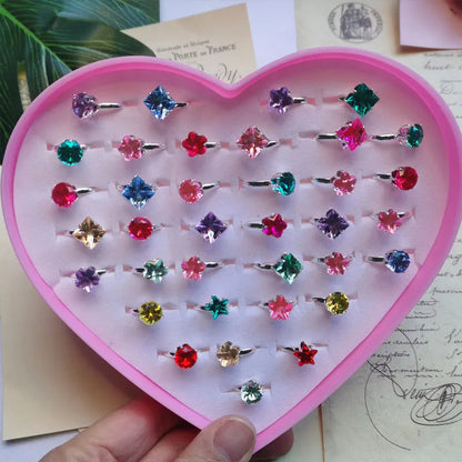 12/36PCS/set Adjustable Kids Crystal Rings Jewelry Heart Star Square Open Finger Ring For Children Girl Party Gift Good Vibrations