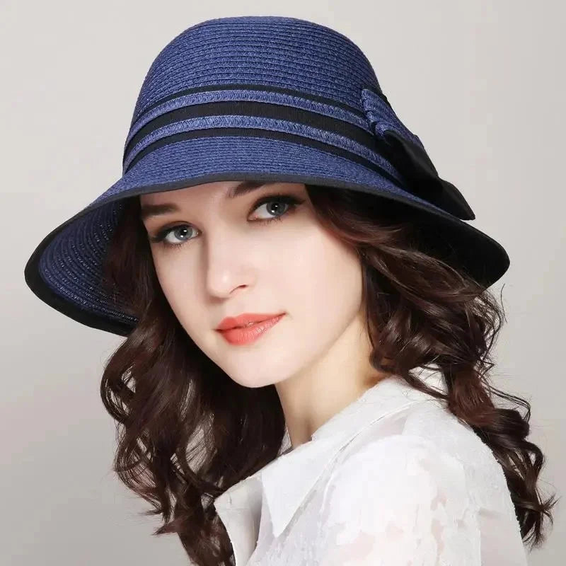 Muchique Boater Hats for Women Summer Sun Straw Hat Wide Brim Beach Hats Girl Outside Travel Straw Cap Casual Bow Hat Good Vibrations