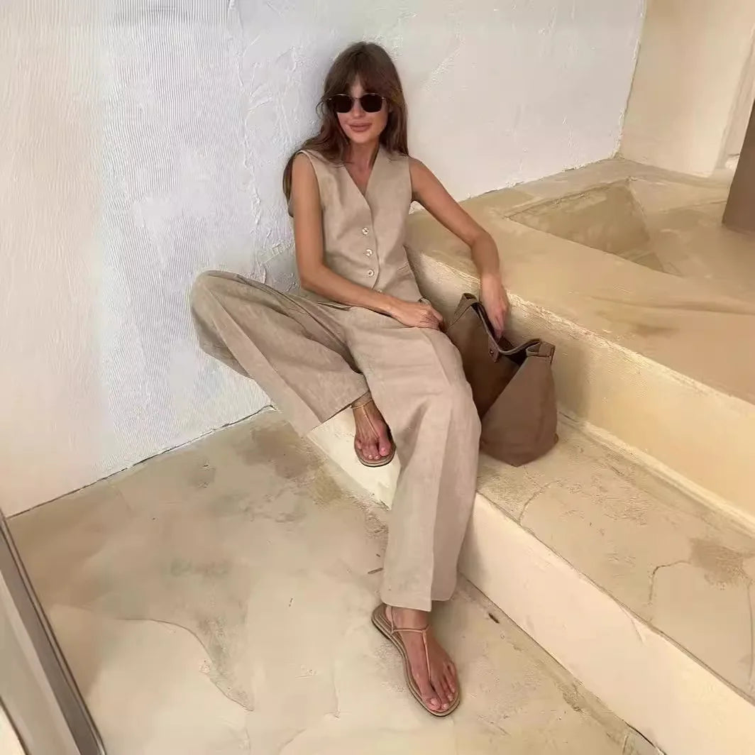 2025 New Women Linen Cotton Chic Vest ＆ Pants Suit Two-Piece Set Office Ladies Summer Chic 2 Piece Sets Women's Outfits Good Vibrations