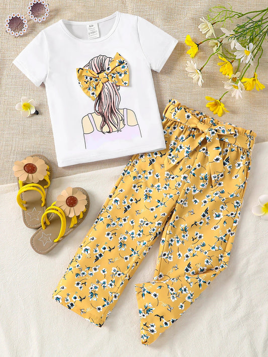 Girls Summer 2-Piece Set Cartoon Print T-Shirt & Floral Straight Leg Pants Breathable Kids Clothing Casual Outfit Fashion Good Vibrations