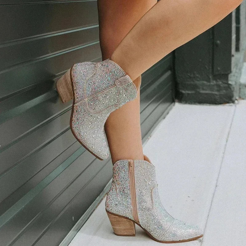 Western Cowboy Boots Fashion Women Ankle Boots Glitter Bling Shiny Trend High Heels High Quality Sexy Shoes Botas De Mujer 2024 Good Vibrations