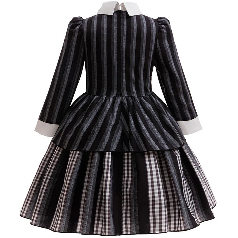 Halloween Gothic Style Costume Dress for Girls Wensday 2 Cosplay Striped School Uniform Party Ball Gown Kids Vestidos Good Vibrations