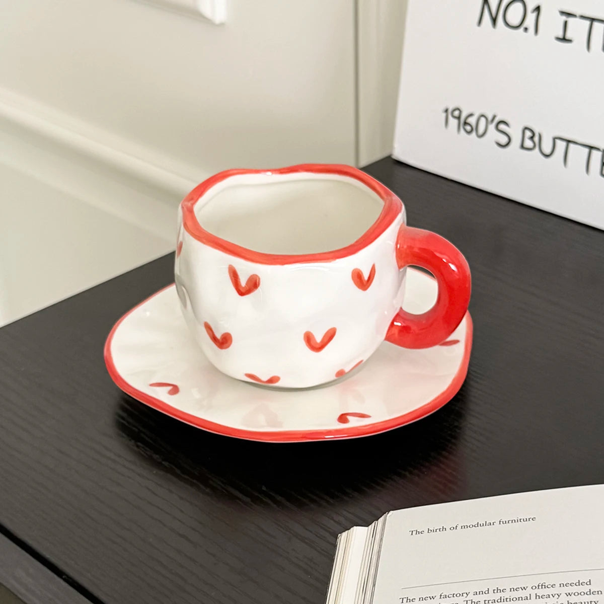 1Pc280Ml Original Design Scandinavian Style Hand-Kneaded Ceramic Coffee Cup and Saucer Multi-Color Plaid Heart Blue Sky and White Clouds Flower Mug Suitable for Afternoon Tea Milk Cup and Saucer Latte Cup Dessert Plate Cup an Good Vibrations