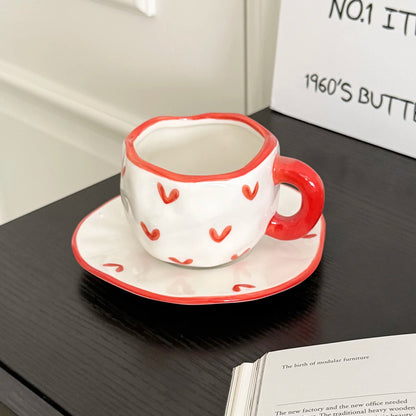 1Pc280Ml Original Design Scandinavian Style Hand-Kneaded Ceramic Coffee Cup and Saucer Multi-Color Plaid Heart Blue Sky and White Clouds Flower Mug Suitable for Afternoon Tea Milk Cup and Saucer Latte Cup Dessert Plate Cup an Good Vibrations