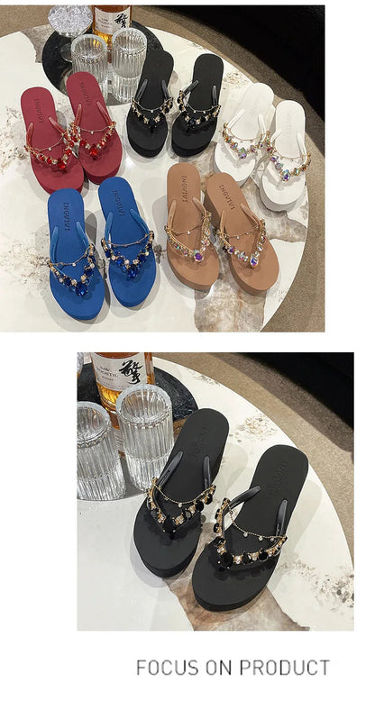 Flip Flops Women New High Heeled Slippers Women Diamond Slope Heel Slippers Elegant Fashion Beach Sandals Womens Sexy Shoes Good Vibrations