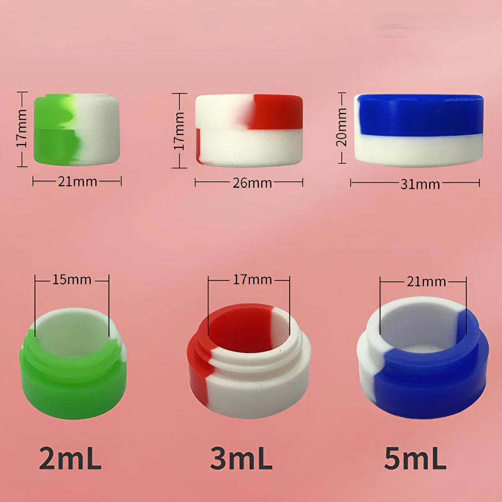 10PCS silicone container set in assorted colors, showing 2ML, 3ML, and 5ML sizes on a pink background.