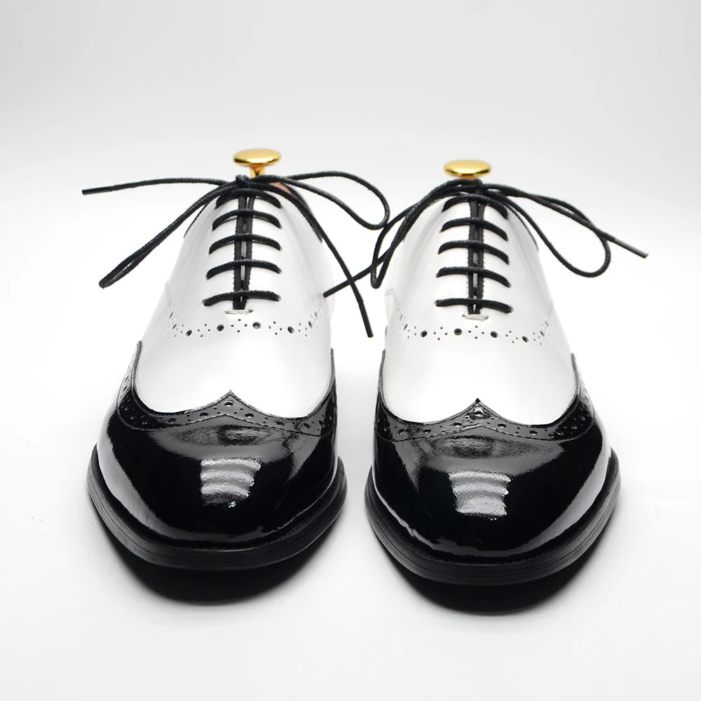Formal Oxfords Shoes for Men White Black Real Cow Patent Leather Business Lace-up Wingtip Toe Brogue Wedding Mens Dress Shoes Good Vibrations