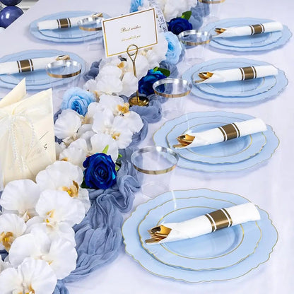 350Pcs Bule Plastic Plates - Disposable Bule And Gold Plates 50Guest Baroque Plastic Dinnerware Lude 100Plates, 50Pa Pre Rolled Good Vibrations