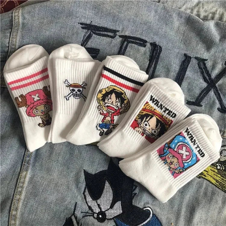 5Pair Anime One Piece Socks Cartoon Luffy Chopper Student Cotton White Long Short Boat Socks Printed Knitted Socks Children Gift Good Vibrations