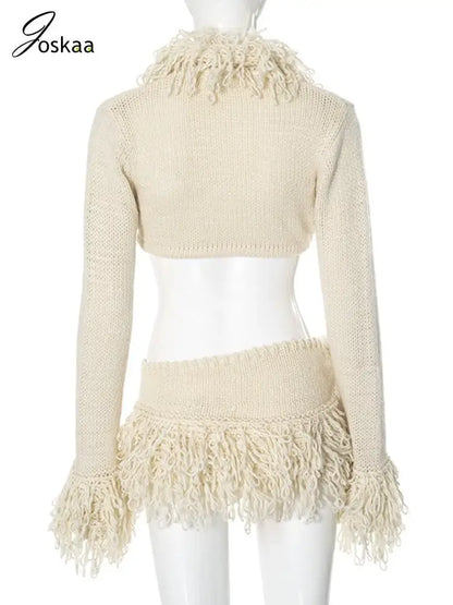 Joskaa knitted tassels 2 piece set with long sleeves, back view showing lace and tassel details, perfect for clubwear.