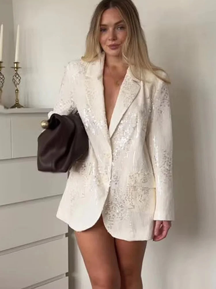 HH Women's Chic Set Sequins Turn-Down Collar Pockets Single-Breasted Blazers+High Waist Zipper Trousers Female Sets Trendy Good Vibrations