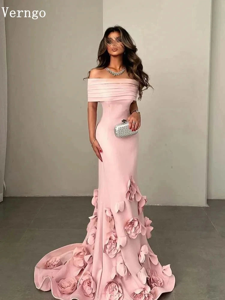 Verngo Pink Crepe Evening Dress 3D Flowers Mermaid Elegant Prom Party Dress Arabic Formal Prom Gown Customized Good Vibrations