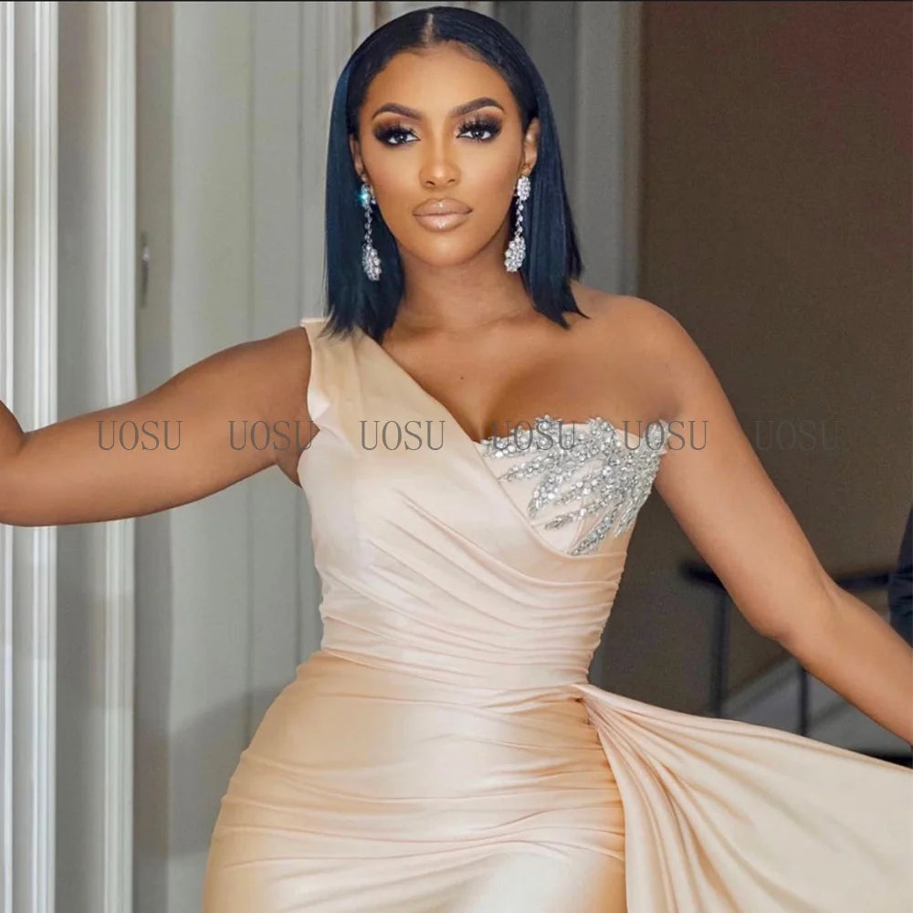 Bridesmaid Dress Champagne One Shoulder Mermaid Bridesmaid Gown for Wedding Draped Beading Women's Formal Evening Dresses Long Good Vibrations